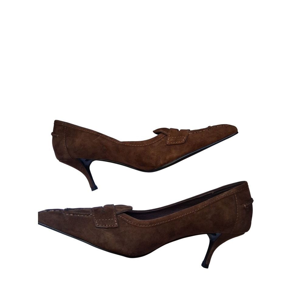 Jeffrey Campbell Brown Suede Pointed Toe Penny Loafer Kitten Heel Pumps - Picture 4 of 8